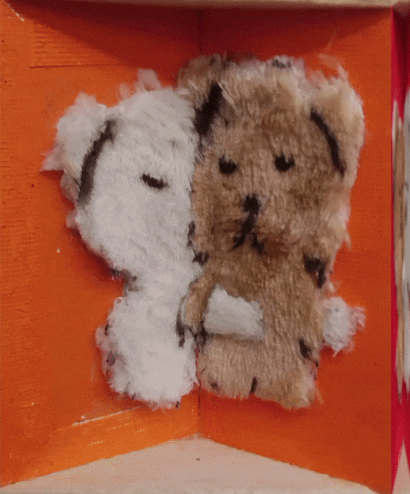 Teddy Bears flattened and placed on a y-shaped canvas